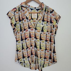 Anthropologie short sleeve button down top with homemade jams pattern